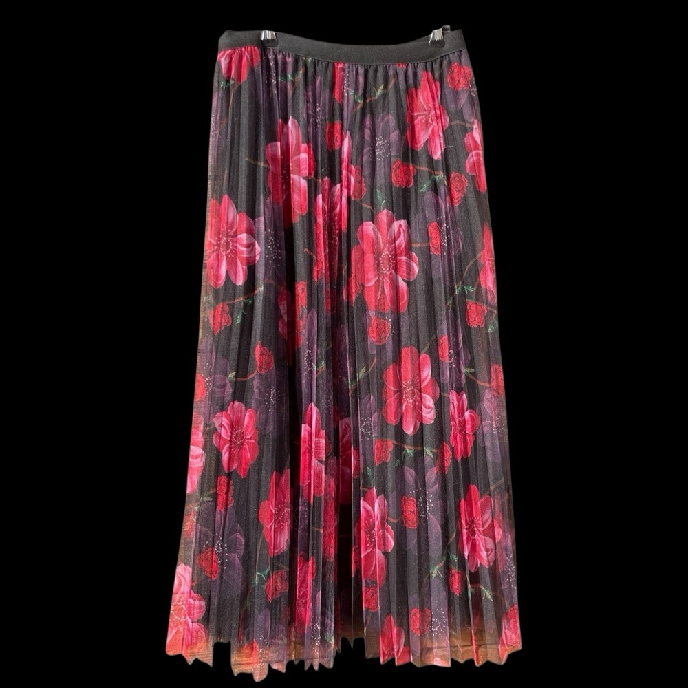Floral Pleated Maxi Skirt - Black and Pink